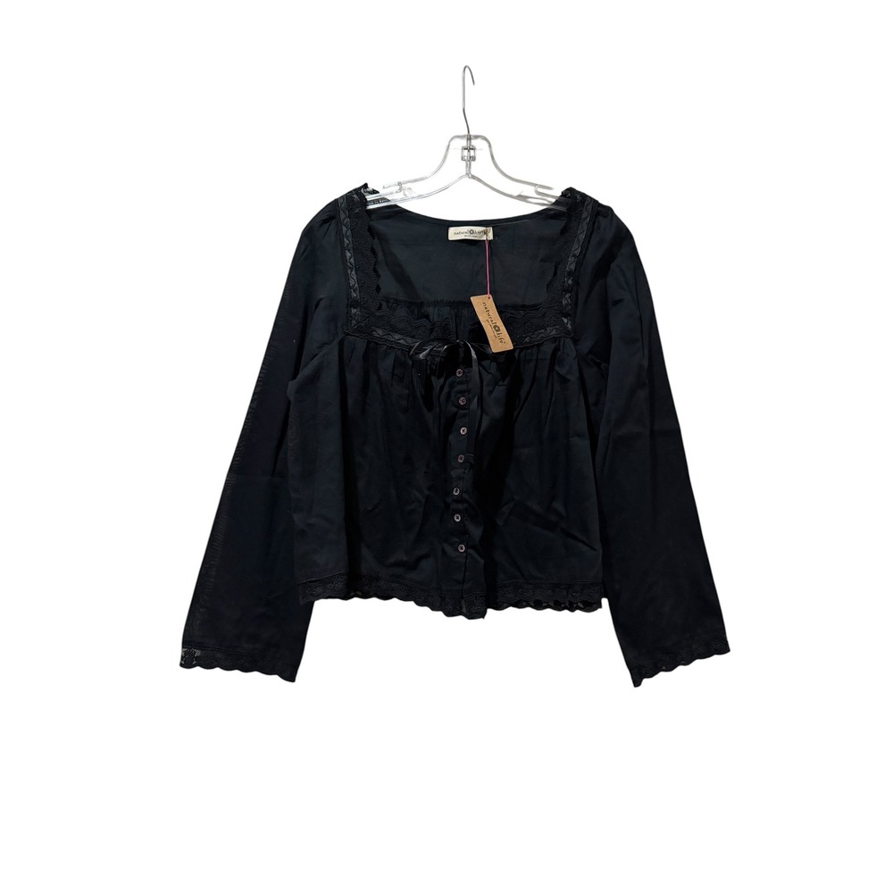 Natural Life Black Cotton Lace Trim Blouse Square Neck Medium NWT